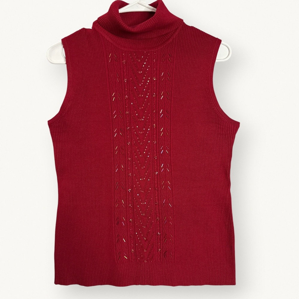 Requirements Deep Red Sleeveless Turtleneck Beaded Ribbed Festive Sweater Large